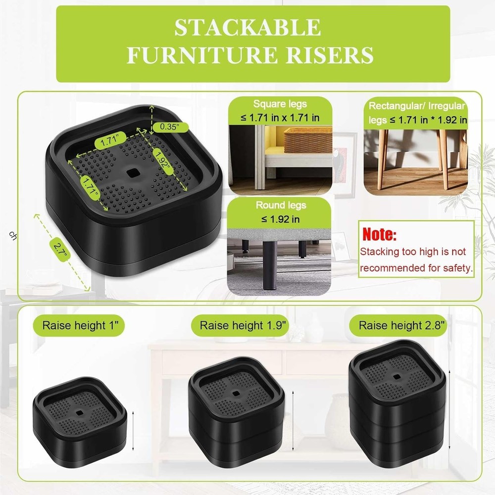 4 Pack Stackable Furniture Risers, Adjustable 1-3 Inch Elevation in Sturdy Black