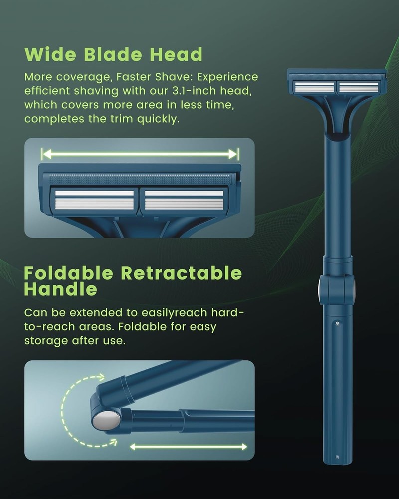 Manual Back Shaver with Extendable Handle - 4 Replaceable Blades - Wet & Dry