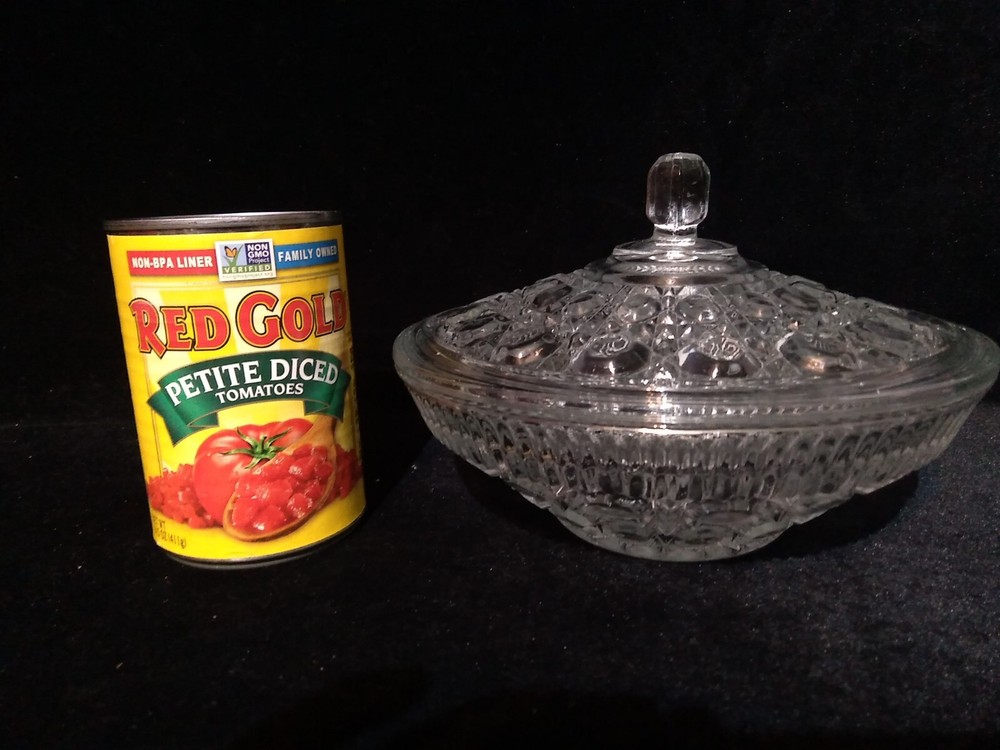 Federal Glass Windsor Pattern Clear Button & Cane Covered Candy Dish 7.5"D