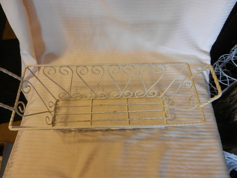 Decorative White Metal Rectangular Basket With Handles, Wire Design