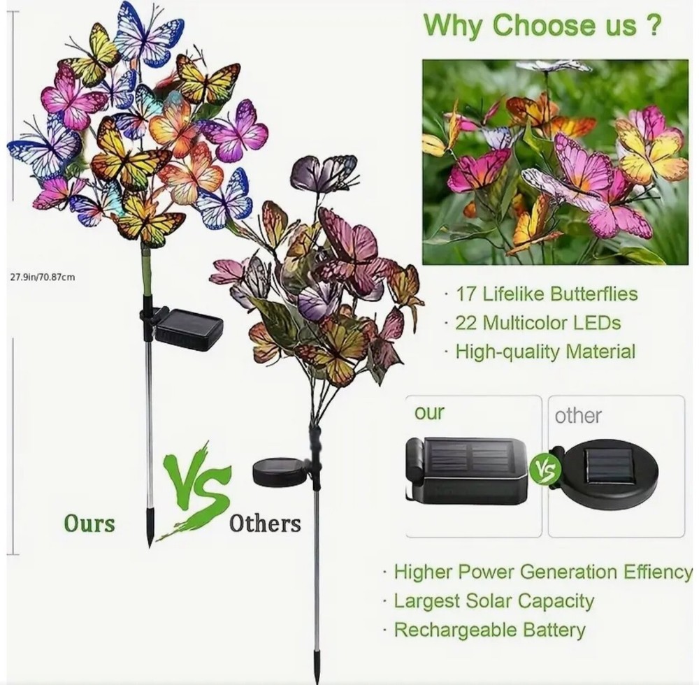 Solar Garden Lights 2 Pack Multicolor Blink/Solid Butterfly LED Waterproof
