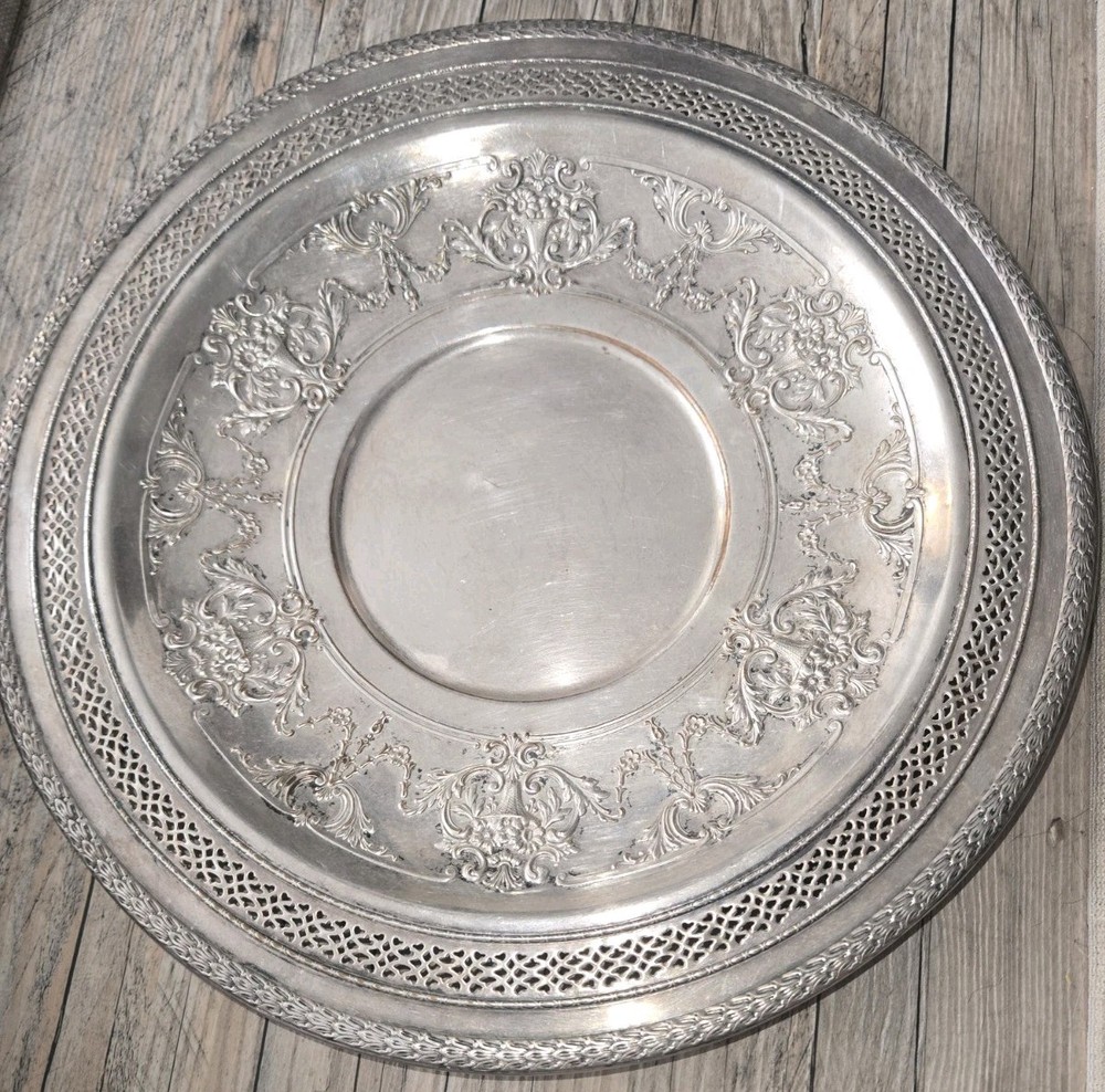 Vintage Silver Round Pierced Ornate Serving Tray
