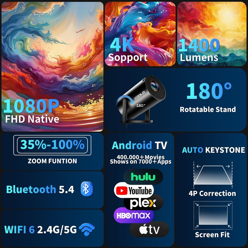 [Built-in Apps & 2026 Upgraded] Mini Projector Support 4K Projector, Black