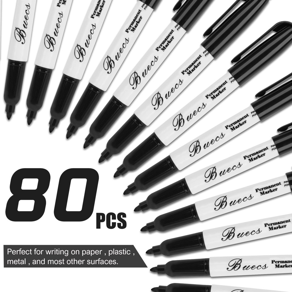 80 PCS Black Permanent Markers Fine Point Waterproof Smear Proof Bulk