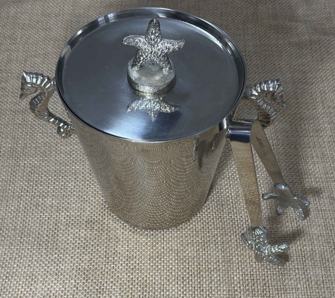 Pier 1 Starfish Ice Bucket Seahorse Stainless Steel Lid Ice Tongs Coastal Decor
