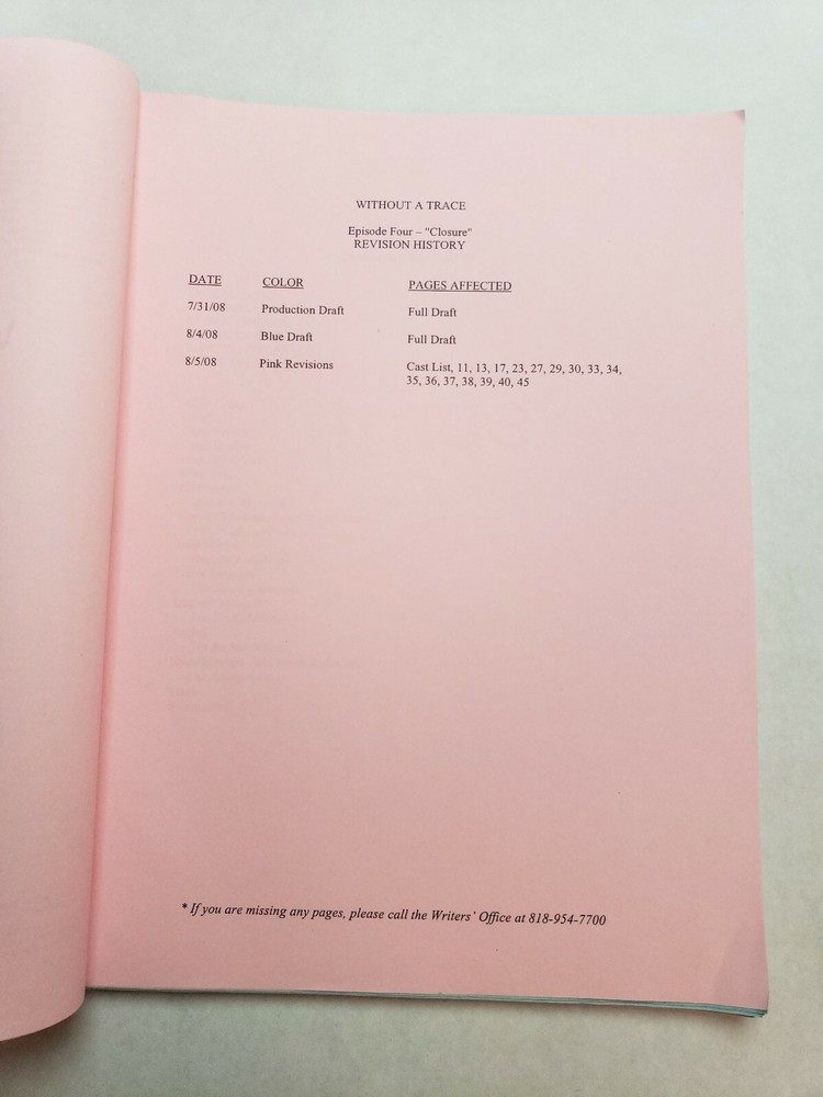 WITHOUT A TRACE / Jan Nash 2008 TV Show Script, ANTHONY LAPAGLIA "Closure"