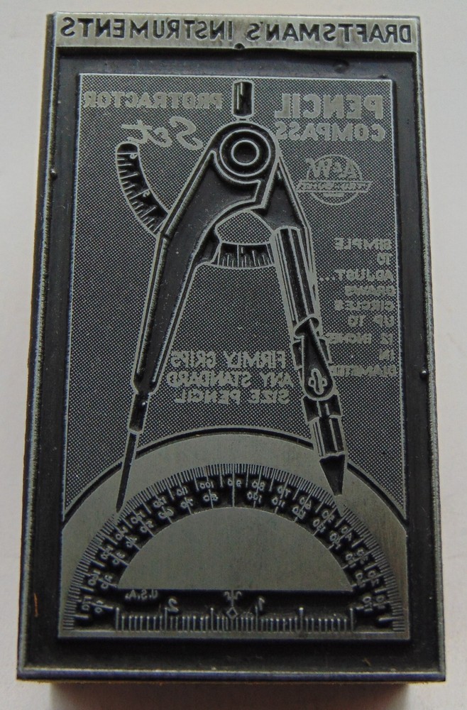Printing Letterpress Printers Block Pencil Compass Protractor Draftsman's Set