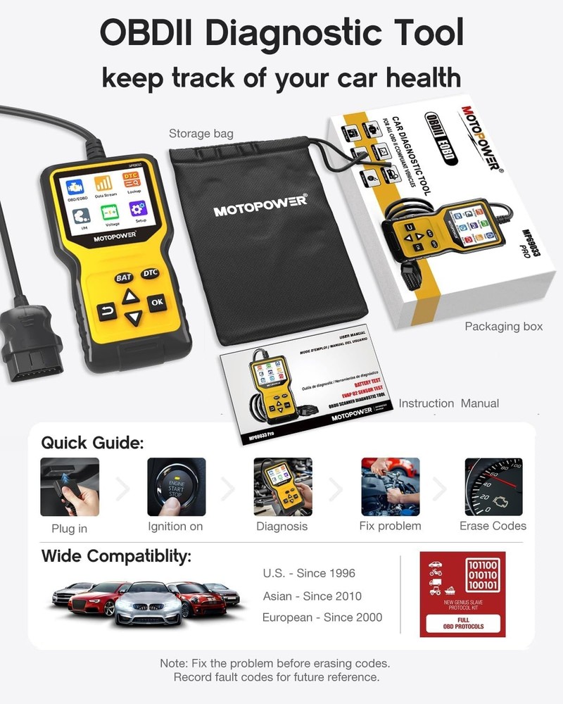 User-Friendly OBD Code Reader & Battery Tester - 1996+ Vehicle Compatibility