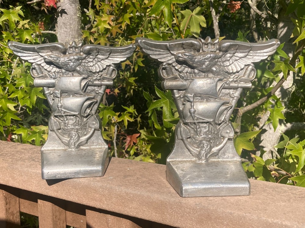 WW2 Era USNA US Naval Academy Annapolis Aluminum Souvenir Bookends