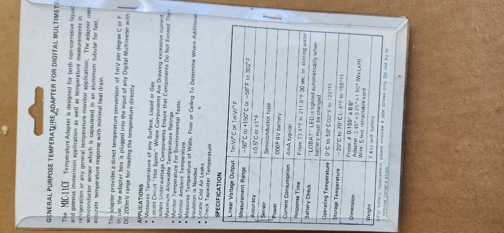 Digital Multimeter Temperature Adapter for any Surface, Liquid or Gas MIC-11CF