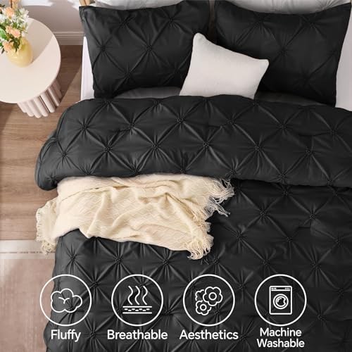 Comforter Set Queen - 3 Pieces Boho Pintuck Bedding Queen(88"x88") Black