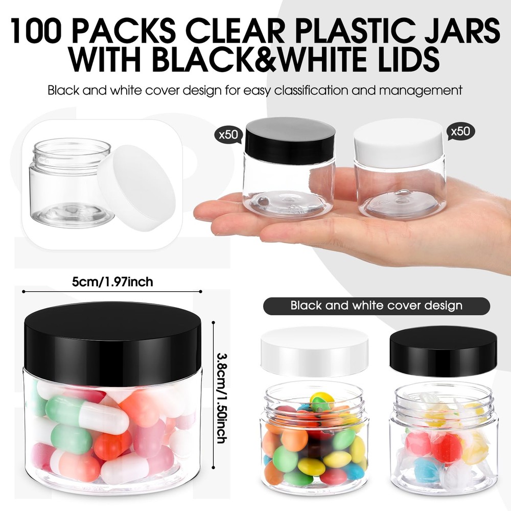 100 Pcs 2 oz Plastic Container Jars Clear Round Cosmetic Container with Lids,...