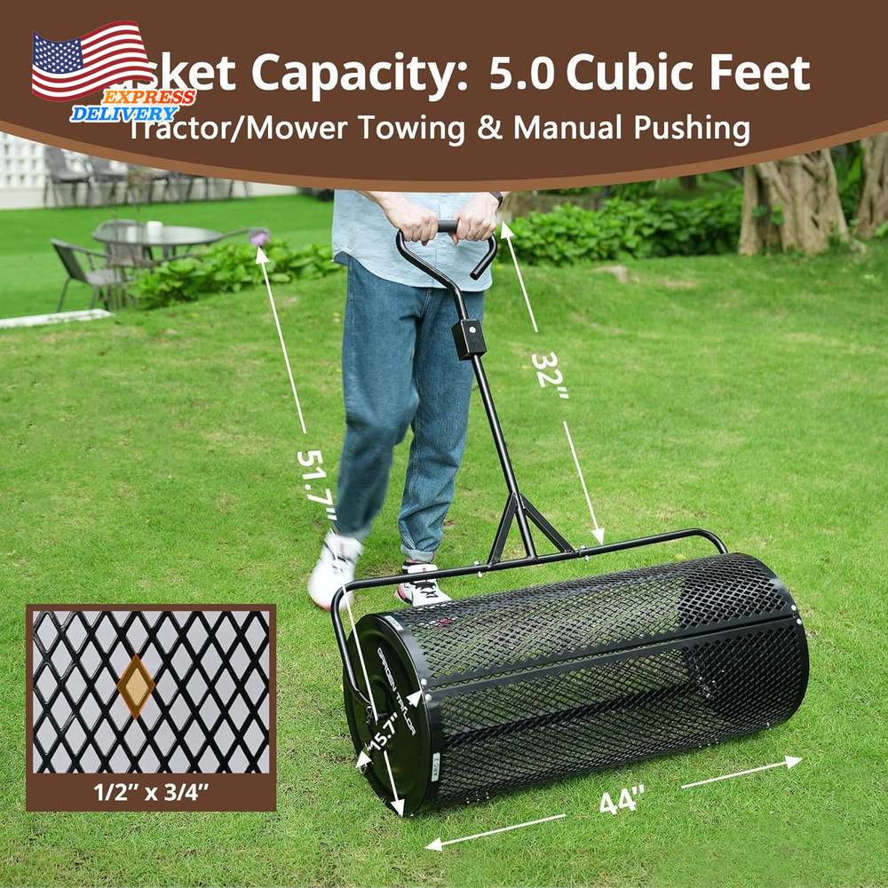 Compost Spreader 44" Towable Peat Moss Spreader with Installation Accessories US