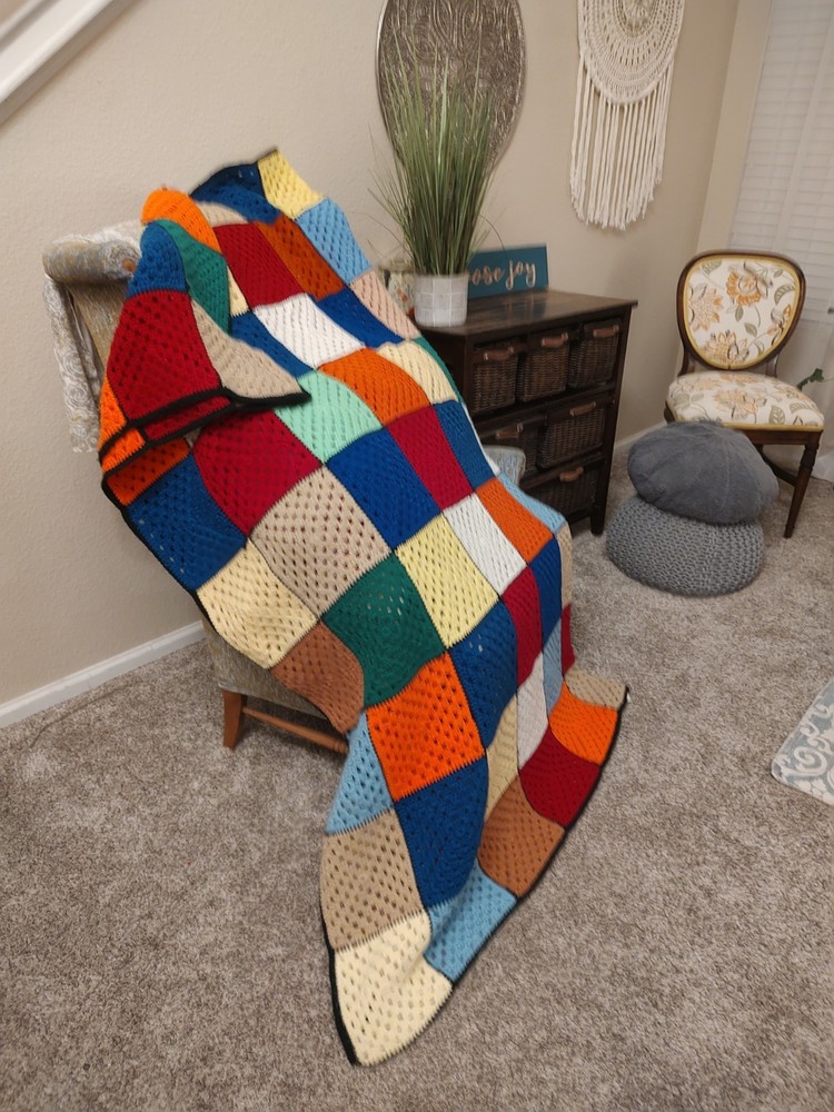 Large 70's Afghan, 90×66 Twin Bed Solid Color Square Patchwork High Quality Yarn