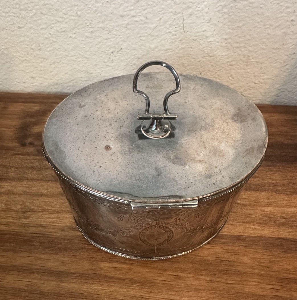 Antique English Silverplate Tea Box Caddy w Lock - Engraved Floral Swag Motif