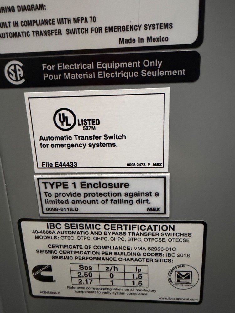 800A 208V Cummins OTECD Automatic Transfer Switch - E23M240584