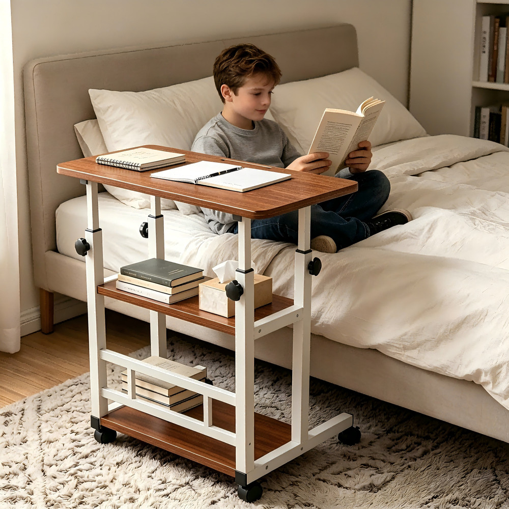 3-Layer Portable Rolling Standing Desk Adjustable Height Storage Shelves WALNUT