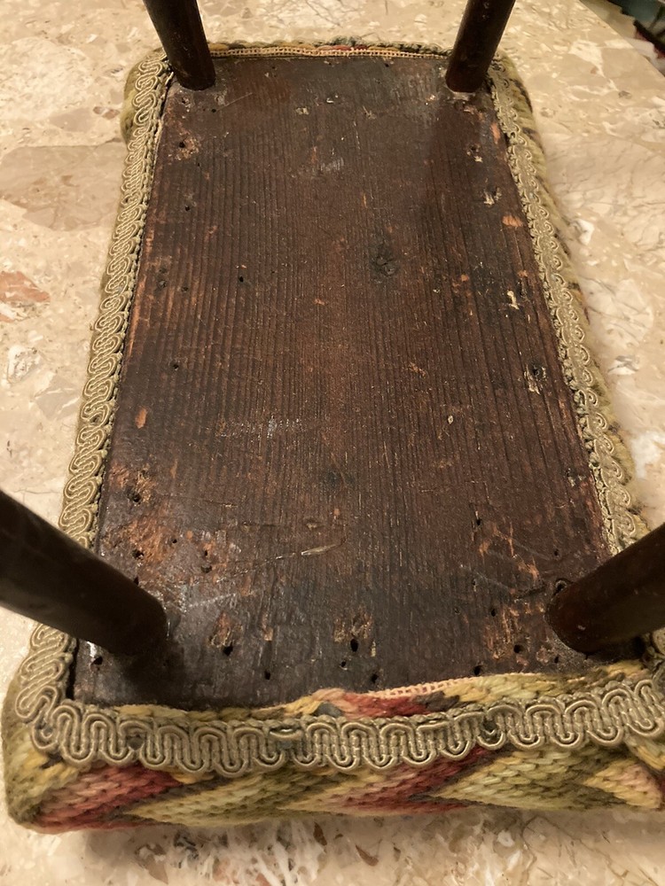 Antique Cricket Stool Zig Zag Needlepoint Top Foot Stoop