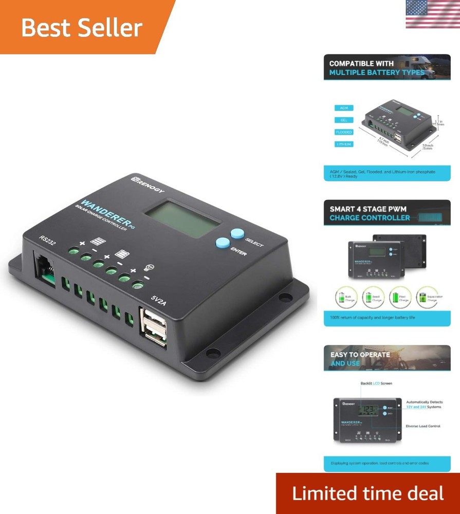 Compact 10A PWM Solar Charge Controller for Deep Cycle Batteries & USB Charging
