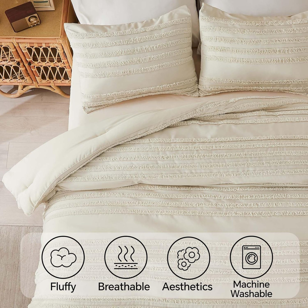 Boho Comforter Set Queen Size, Beige Tufted Boho Bed Set 3 Pieces, Soft & Lightw