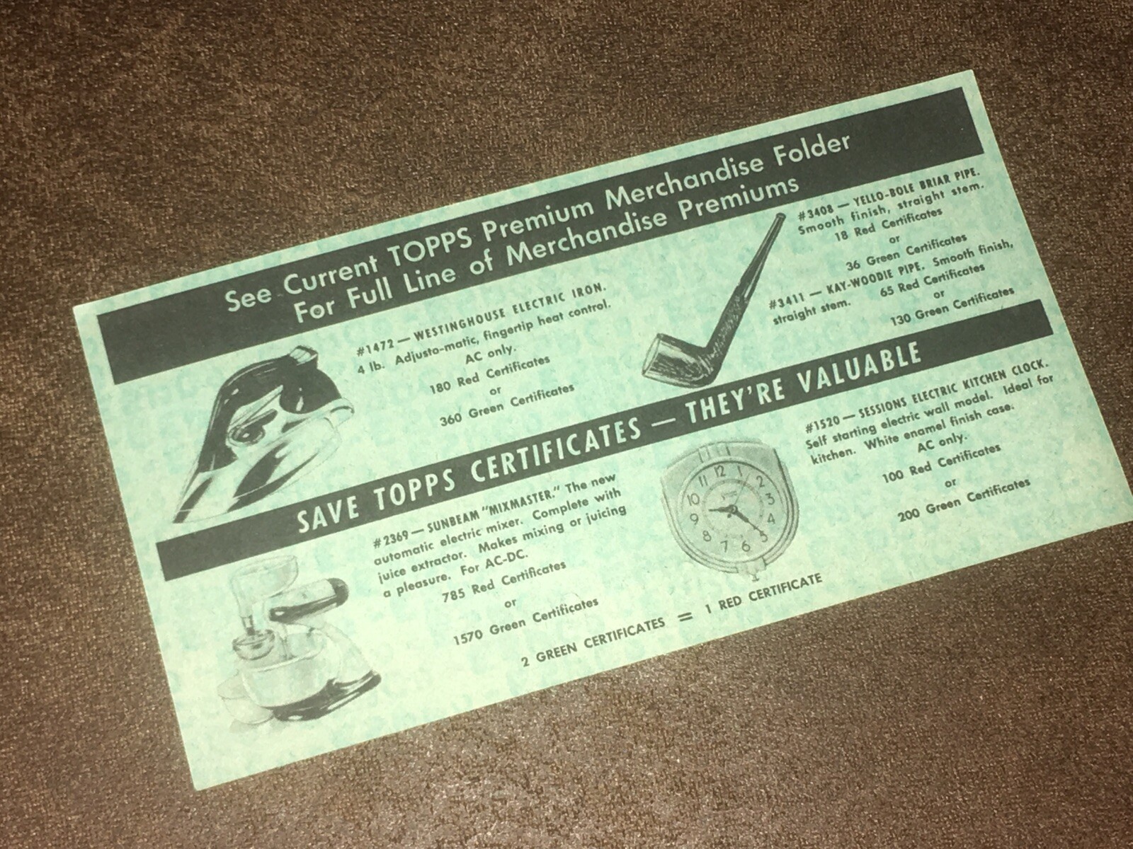 Vintage 1949-1951 Topps Chewing Gum Retailer’s Premium Certificate, Prizes