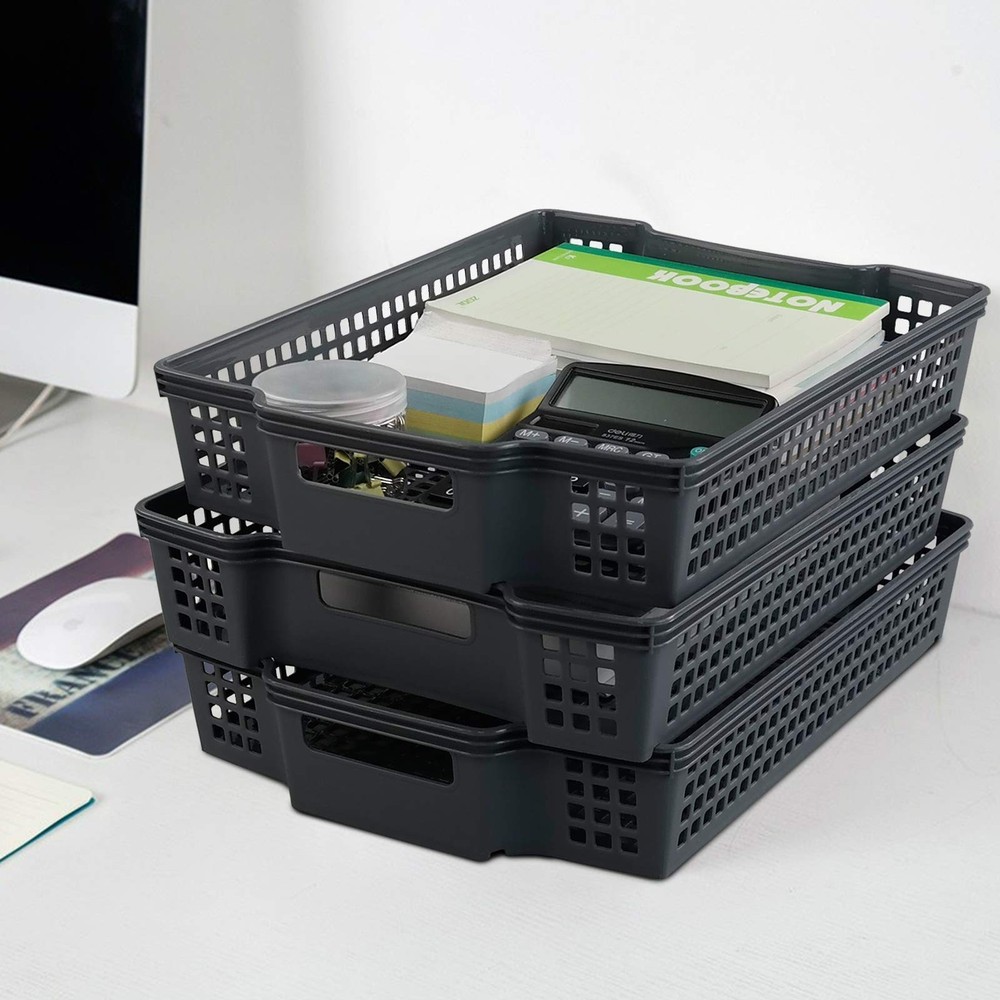 Gray Plastic Stackable Paper Storage Basket Tray, 6 Packs