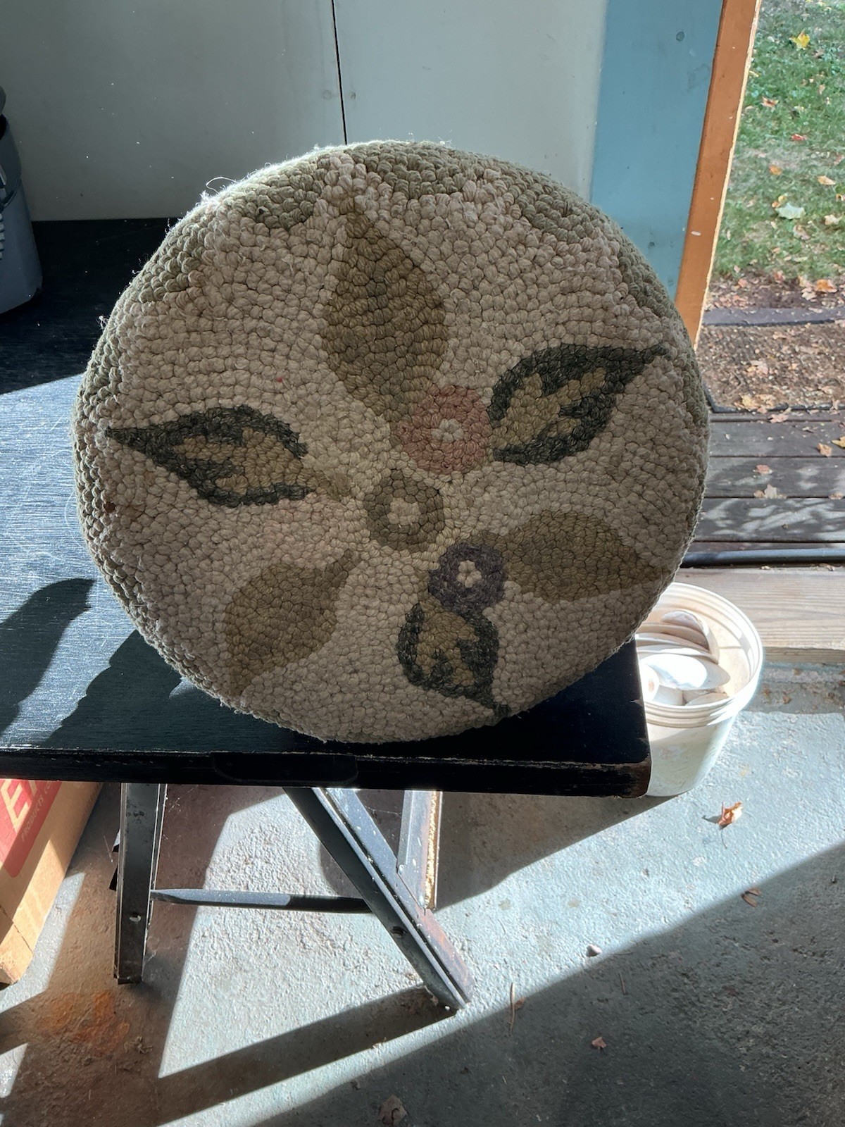 Round Footstool Floral Hooked Rug Top Wooden Legs MCM USA Babcock Phillips