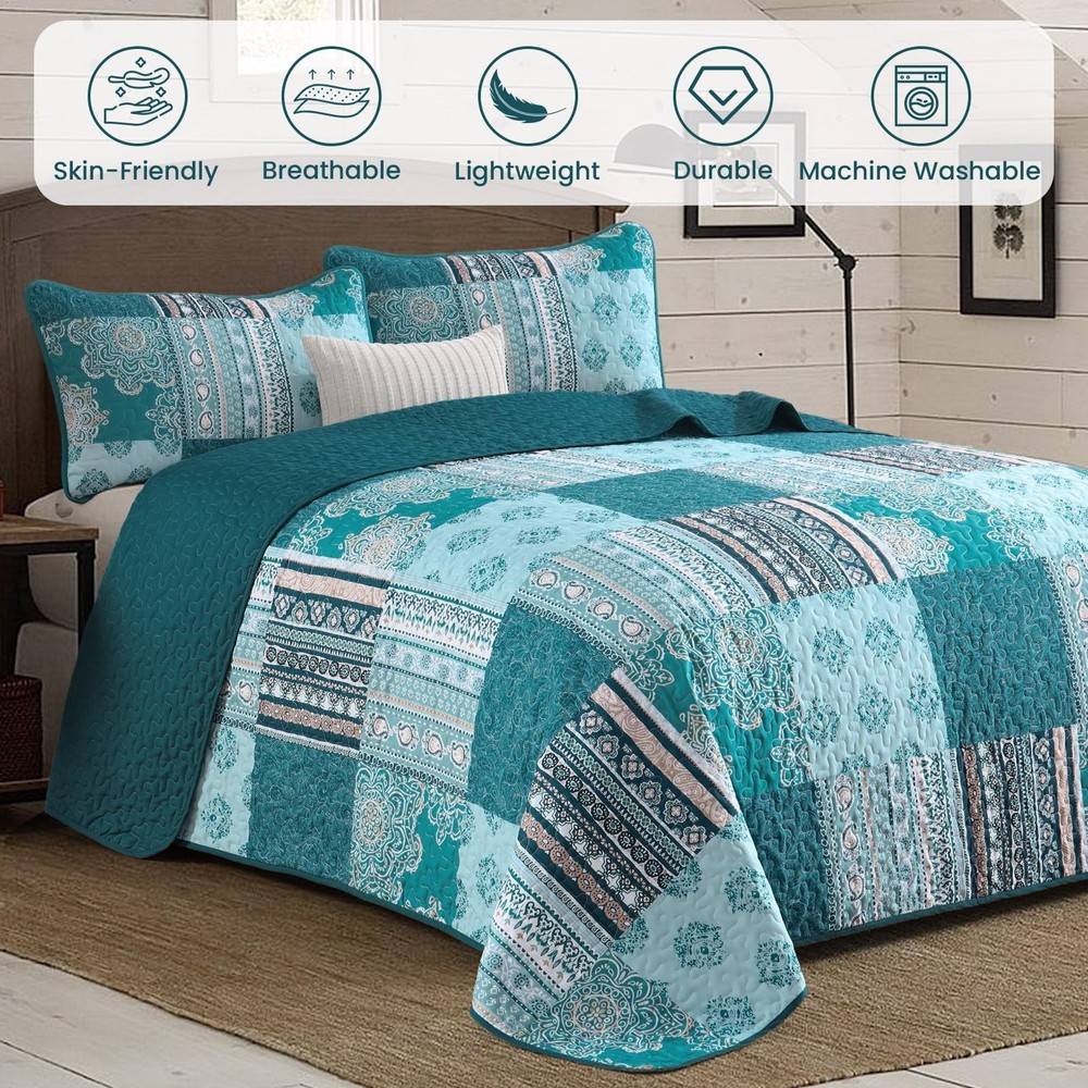 Dintszyayue Teal Patchwork Quilt Set King Size,3 Pieces Turquoise Boho Bedspread