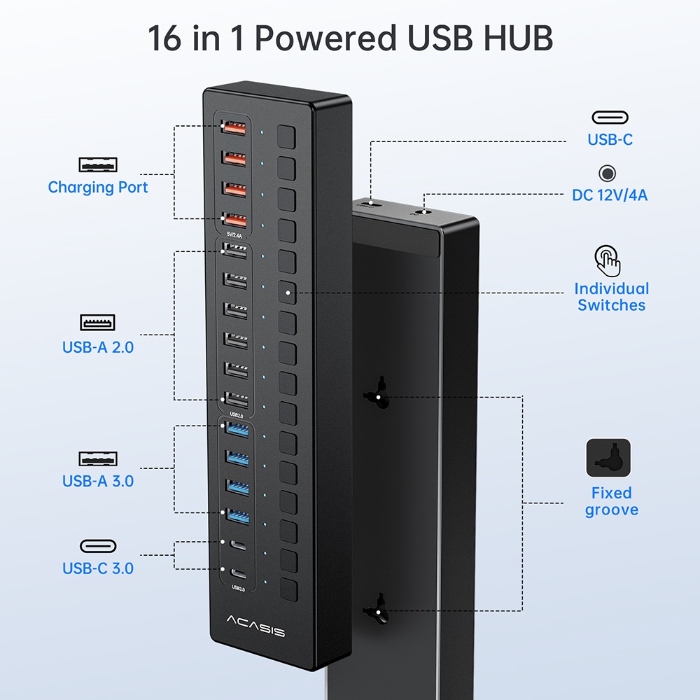 Acasis 5Gbps USB 3.0 Hub 16 Port On/Off Switch with AC Power Adapter for Laptop