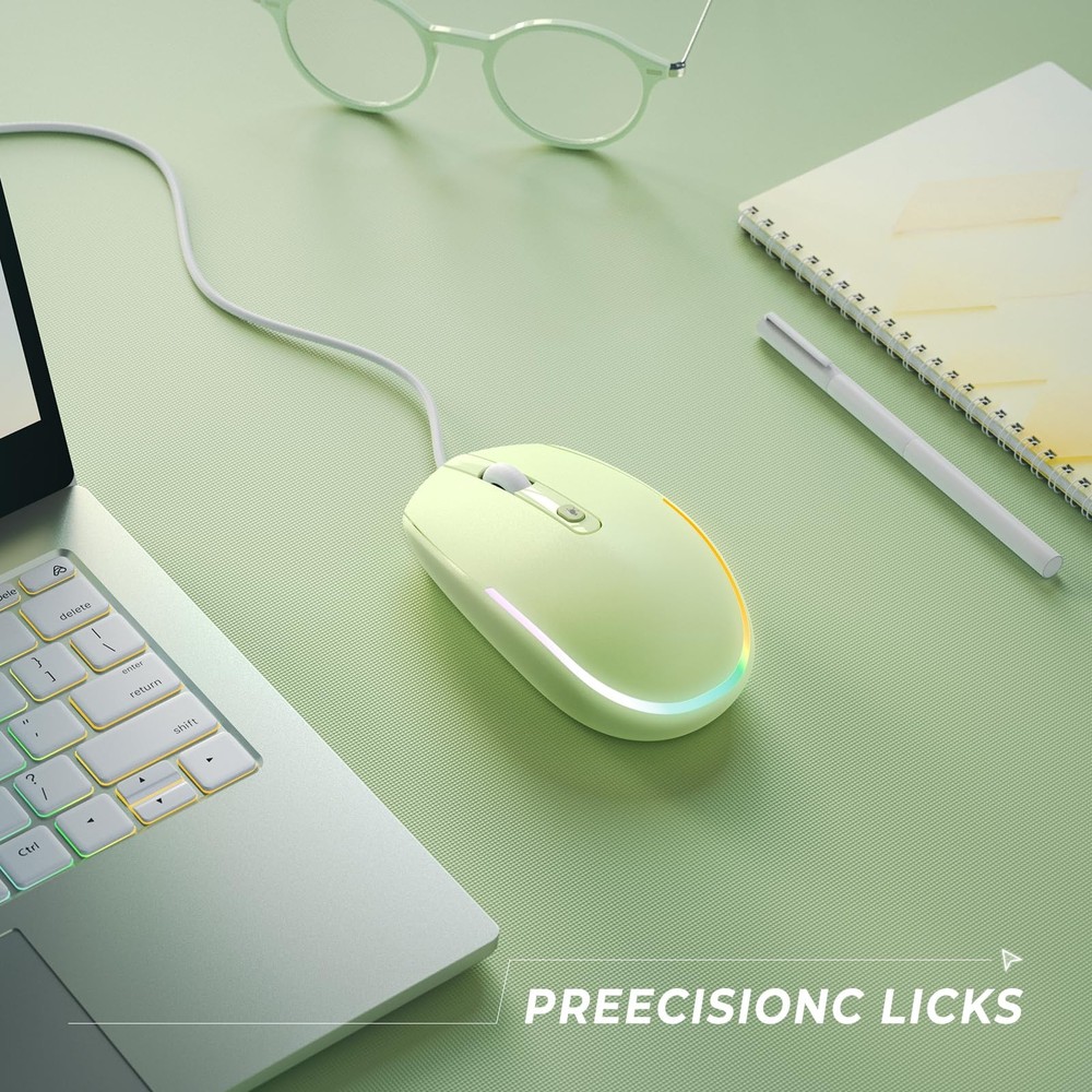 Wired Mouse with RGB Backlit USB Computer Mice Attached Cord Green