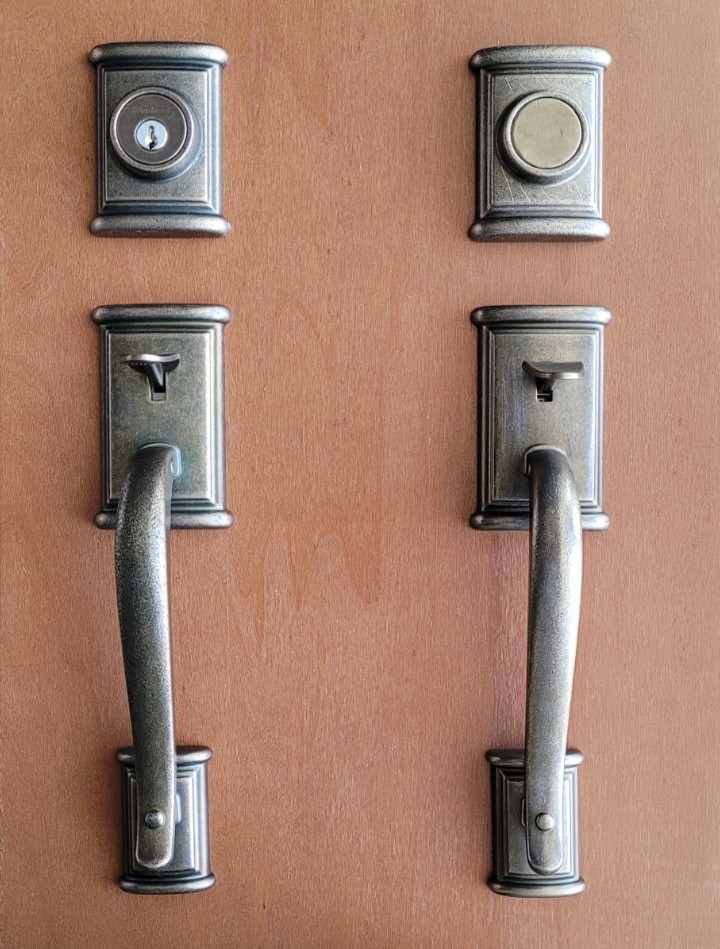Kwikset Ashfield Rustic Pewter Front Double Door Handle Lock Dummy Complete Set