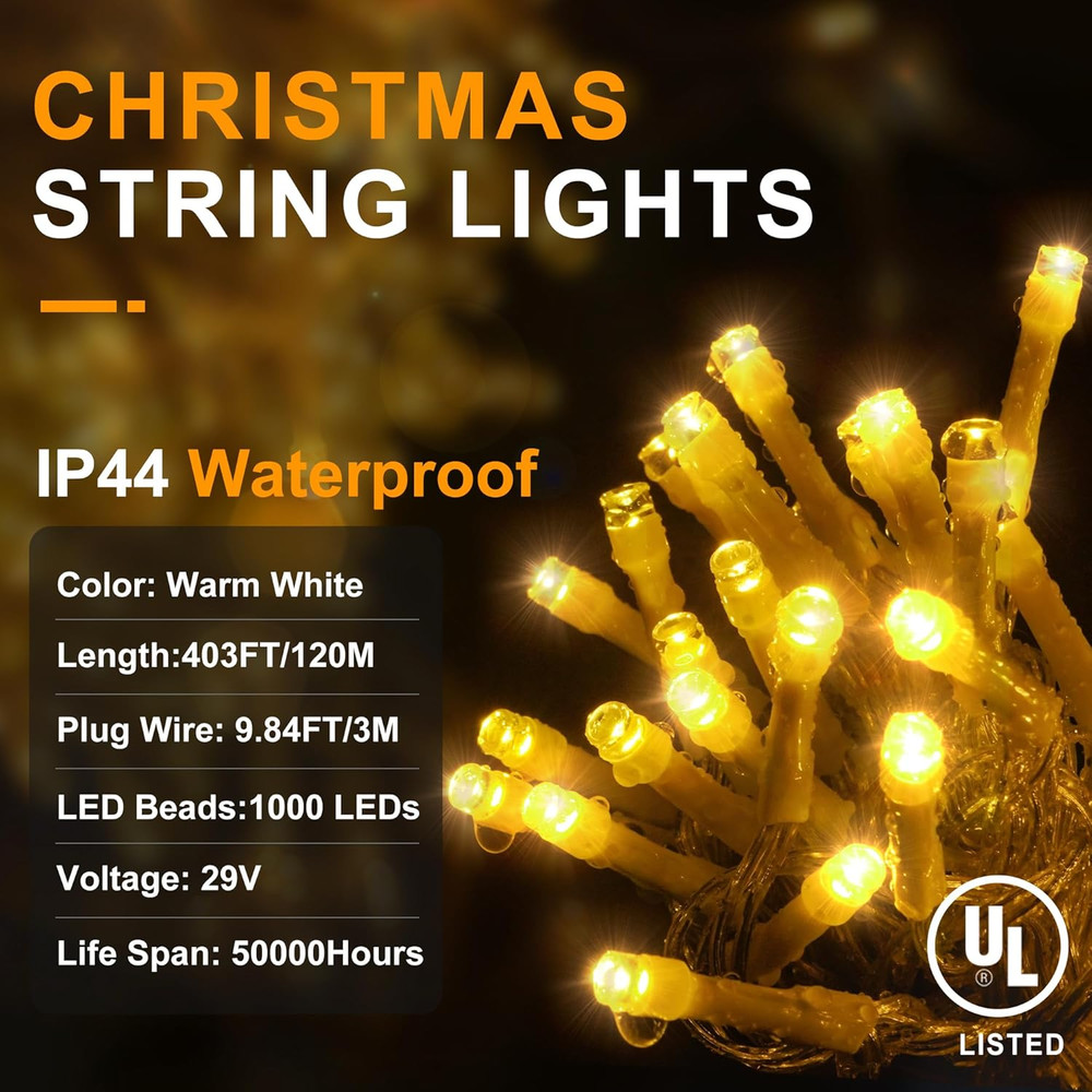 403Ft 1000 LED Christmas String Lights Outdoor 8 Modes & Timer Fairy Light Plug