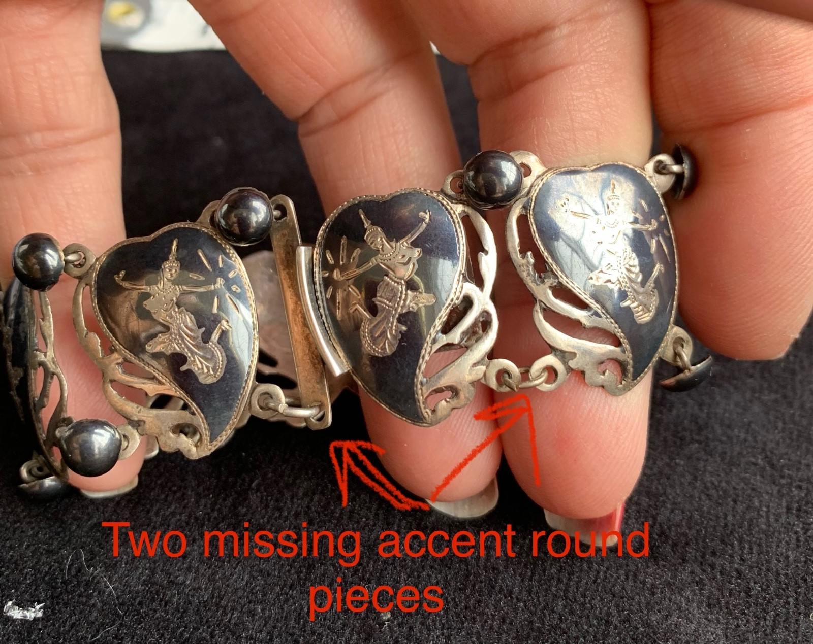 Vintage Siam Sterling Silver Niello Bracelet Thai Goddess Dancers Panel 7”; 22g