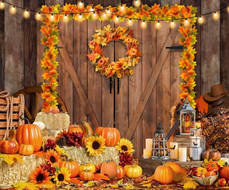 Fall Thanksgiving Backdrop 10x8ft Rustic Barn Autumn Pumpkin Haystack Friends...