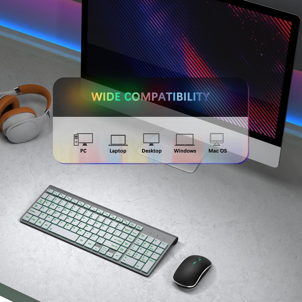 J Wireless Keyboard and Combo with 7 Backlit Options,Quiet Light Up Keys,Type...