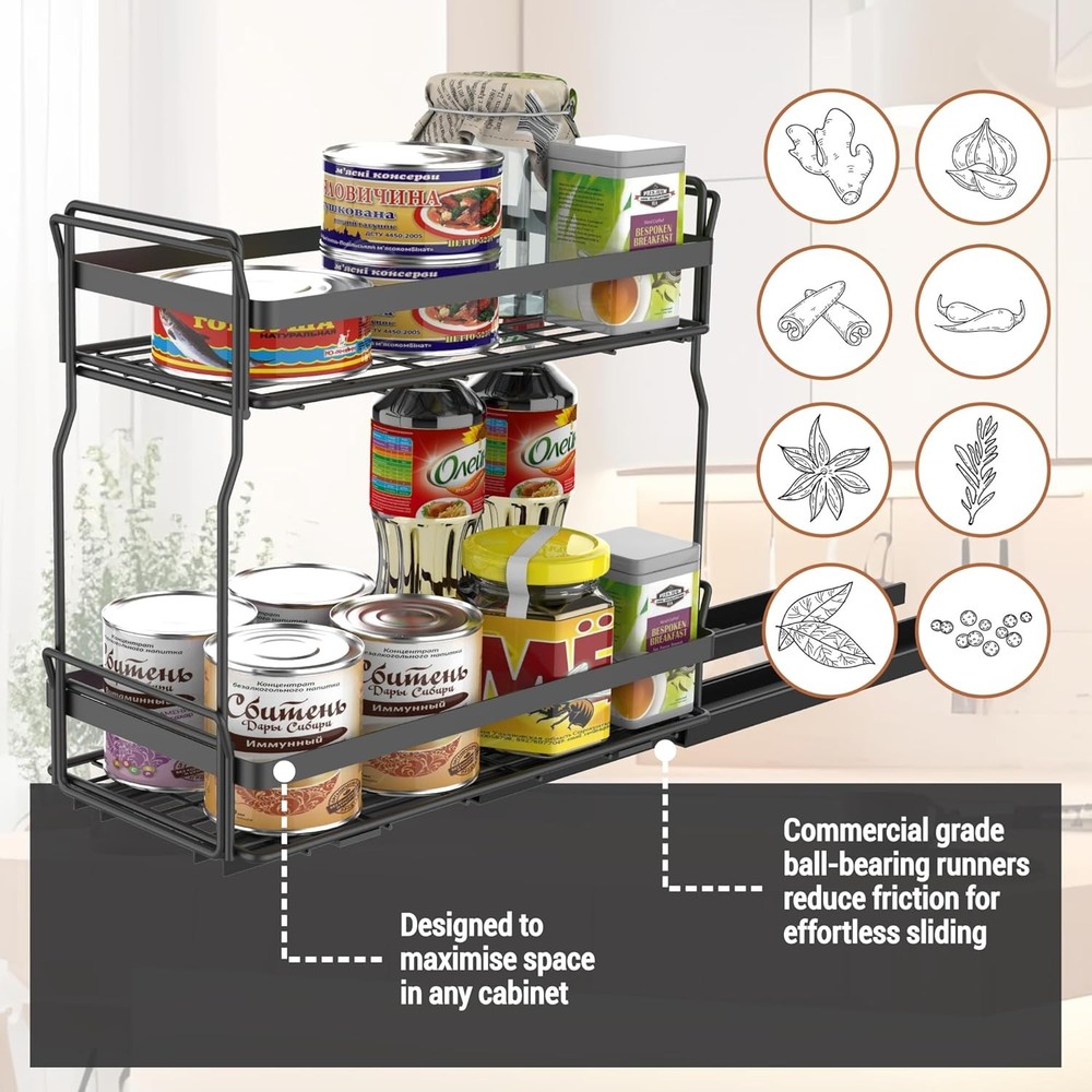 Pull Out Spice Rack Organizer for Inside Kitchen Cabinets, 2 Tier Metal Slide Ou