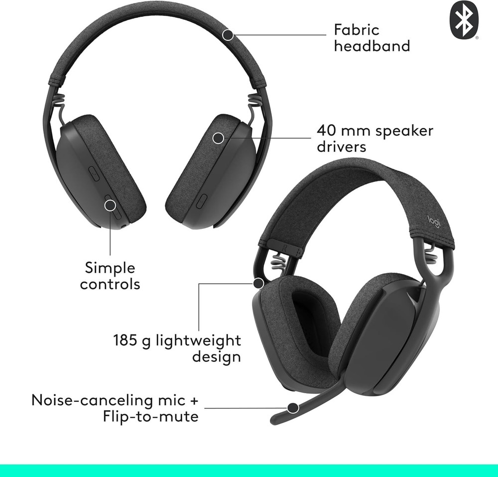 Logitech Zone Vibe 100 Wireless Bluetooth Headphones Graphite