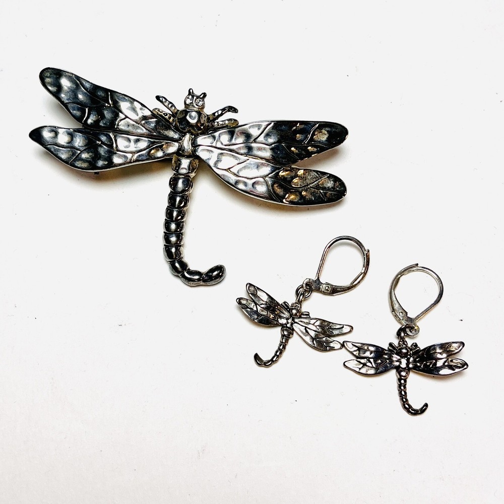 Dragonfly Brooch Pendant & Earrings Set Silver Rhinestones Large