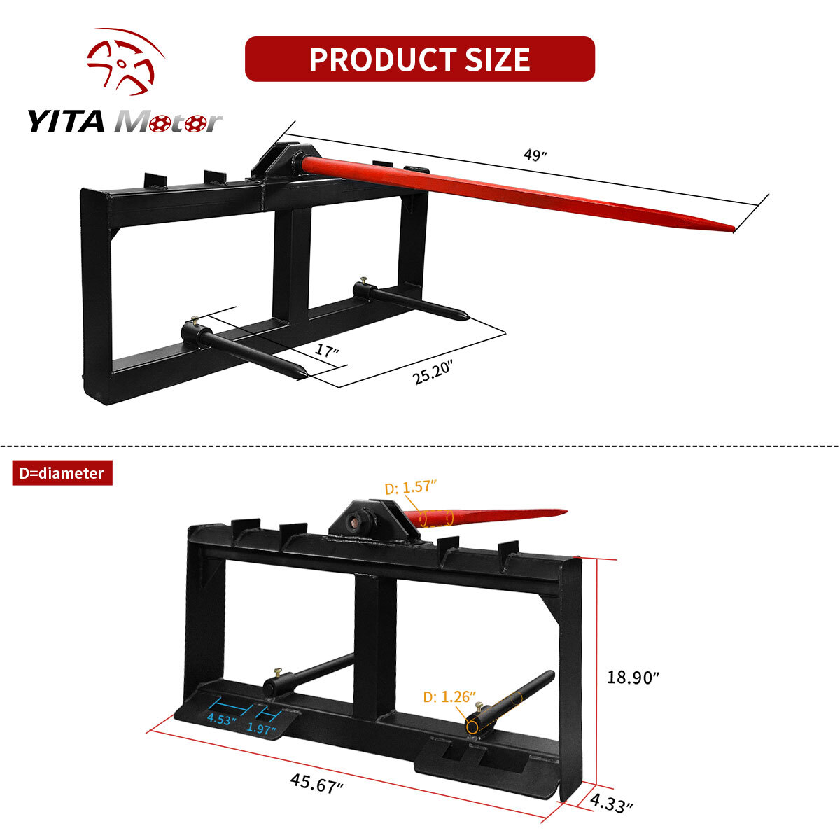 49" Hay Spear Sleeve Attachment Skid Steer Loader for Bobcat Trator 3000 LBS