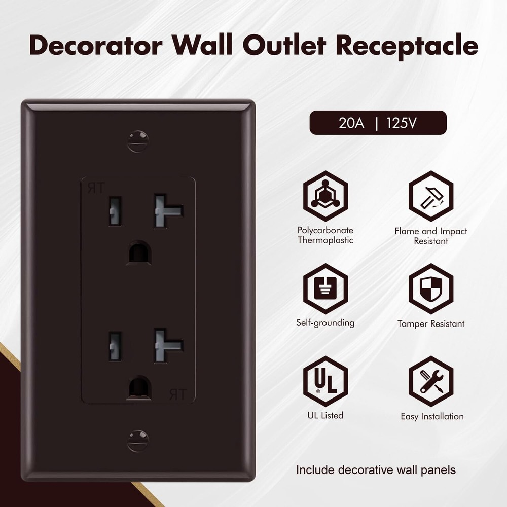 50 Pack Outlet Socket, Decora Duplex Receptacle,20 Amp 125 Volt With Plate,Brown