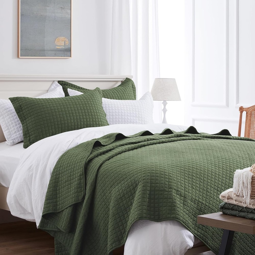 Olive Green Queen Quilt Bedding Set Lightweight Comforter Bedspread Blanket Full