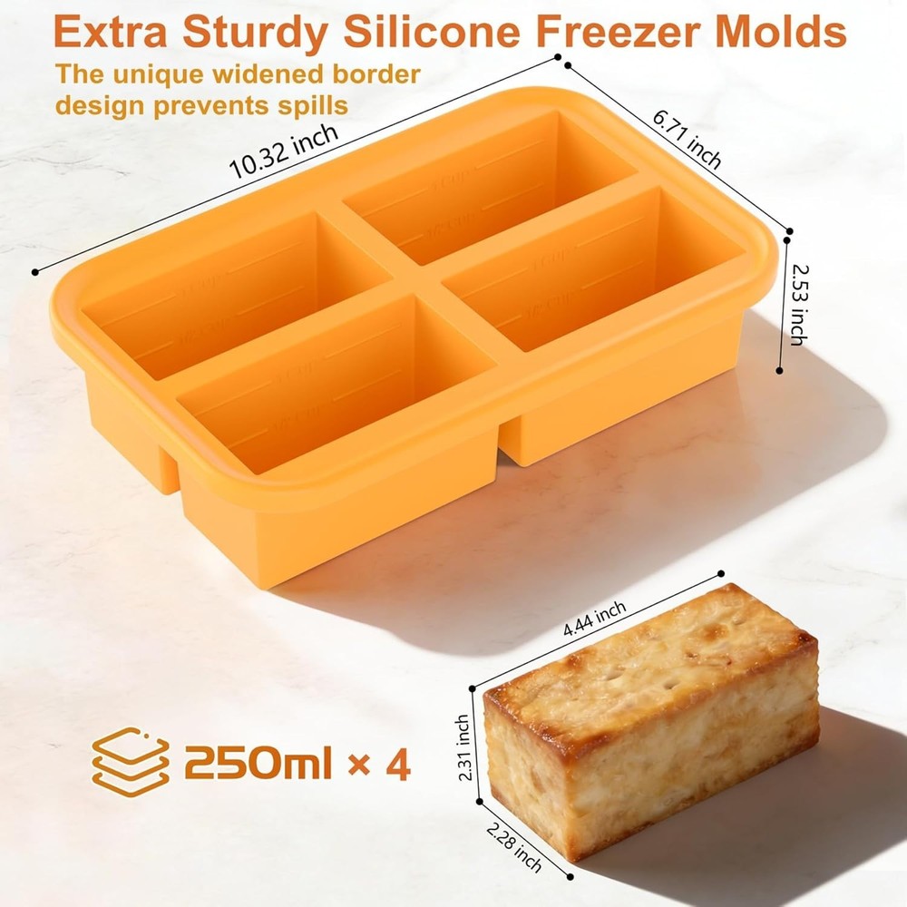 Silicone Freezer Trays - 1-Cup Capacity for Efficient Meal Prep, 2 Pack