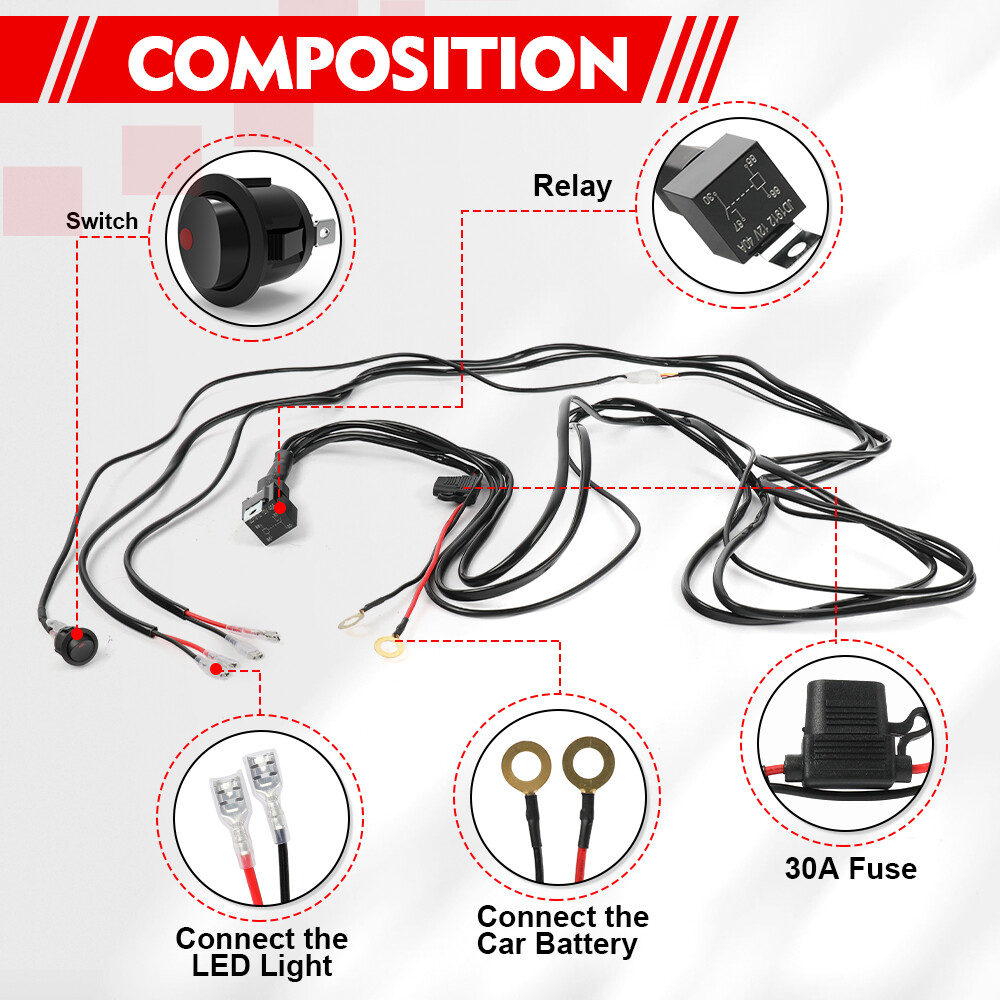 2-Lead Wiring Harness Kit ON-OFF Switch Offroad Relay Fuse LED Work Light Bar
