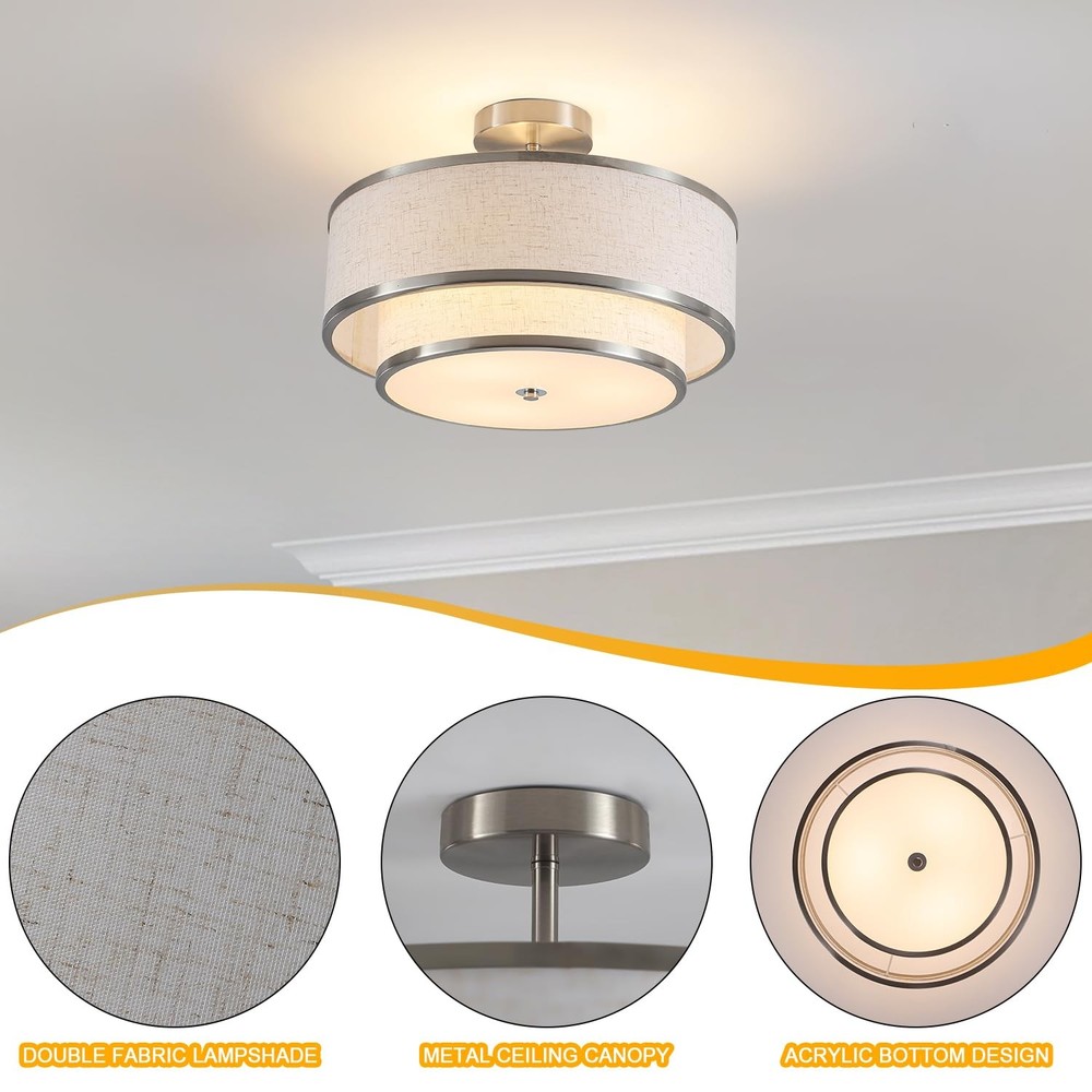 Semi Flush Mount Ceiling Light, 3-Light Double Drum Ceiling Light Fixture wit...