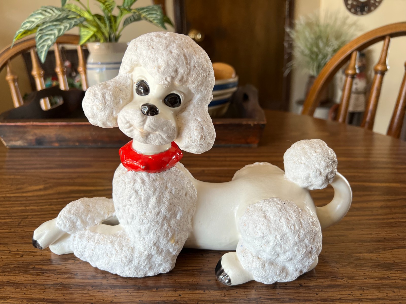 Vtg. Atlantic Mold Ceramic Poodle with Red Collar 7" T x 10" L