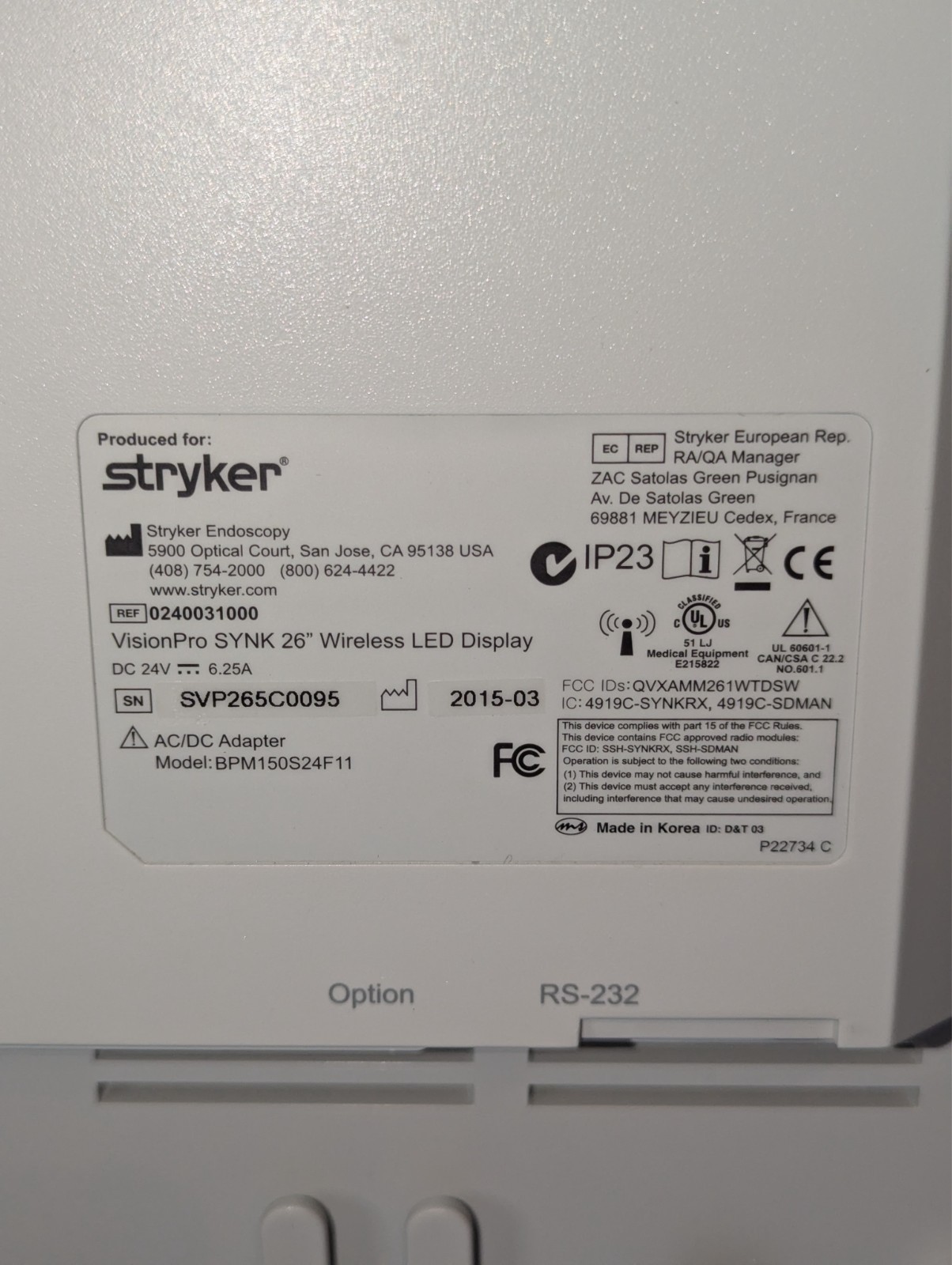 Stryker VisionPro SYNK 26" Wireless LED Display w/Power Suply (REF: 240-031-000)