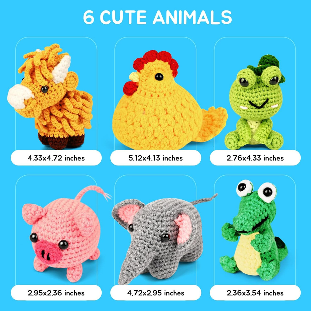Beginner Crochet Kit: 6 Animal Projects with Yarn & Tutorials, Ideal Gift