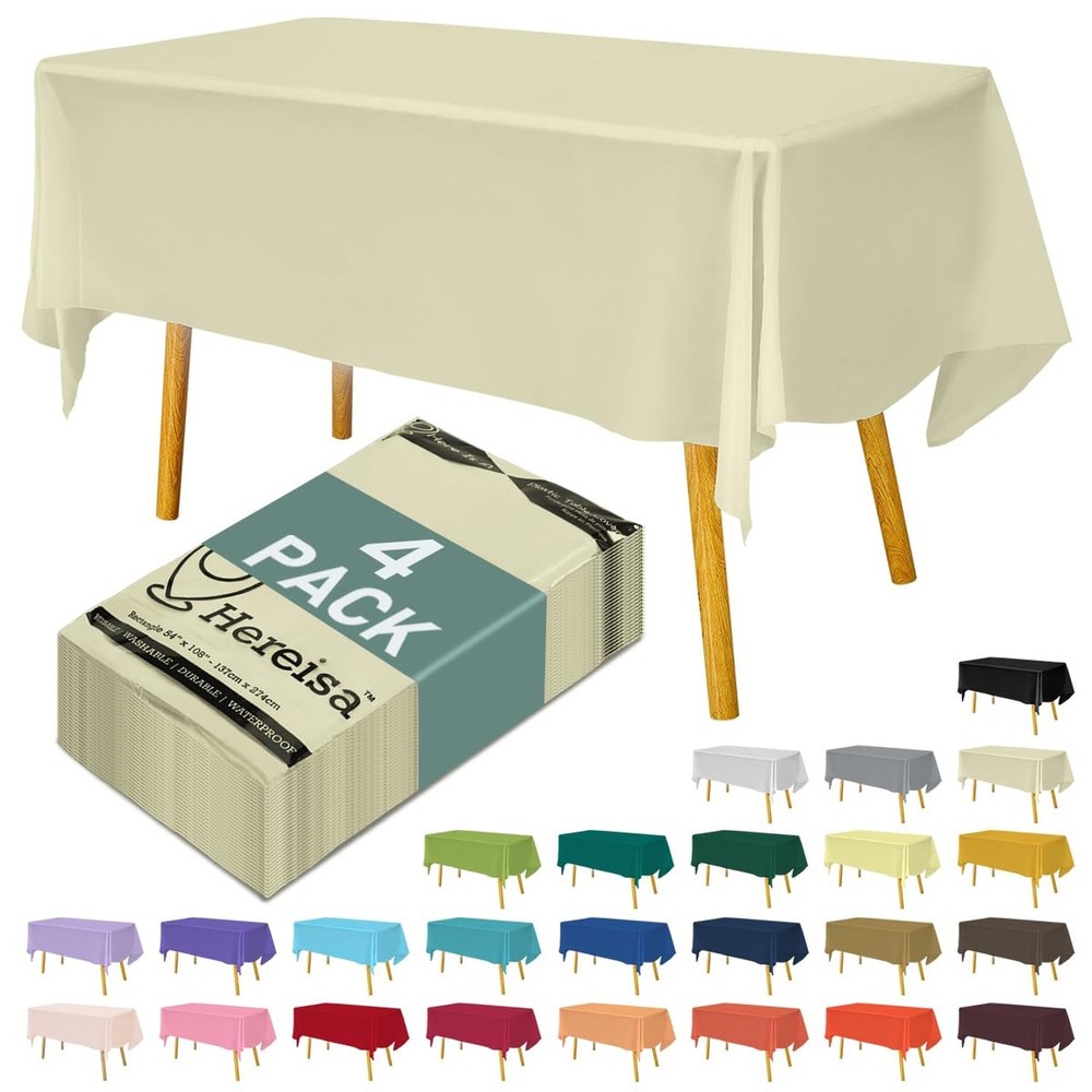 Disposable Plastic Tablecloth 54x108 Inch Rectangle - Ivory, 4 Pack Waterproo...