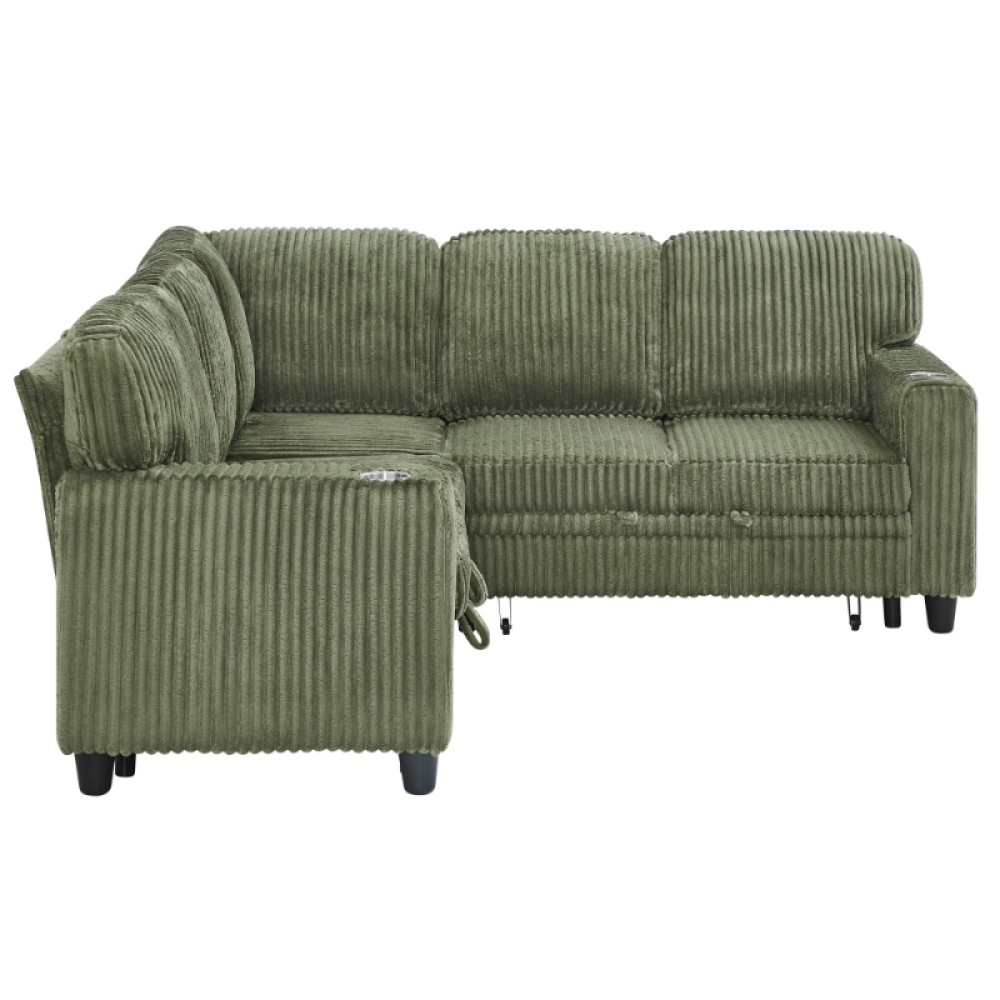 L-Shaped Sofa Bed w/ Pull-Out Sleeper & USB/Type-C, Corduroy, Olive Green