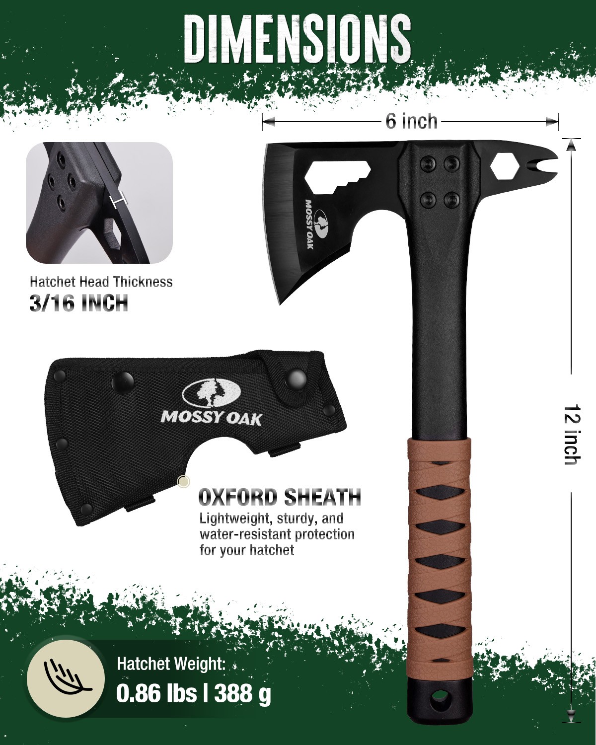 MOSSY OAK 12" Camping Axe and Survival Hatchet with Sheath Outdoor Multitool USA